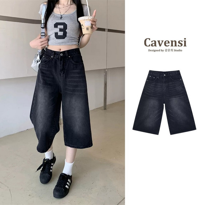 Cavensi 復古高腰寬鬆牛仔闊腿七分褲