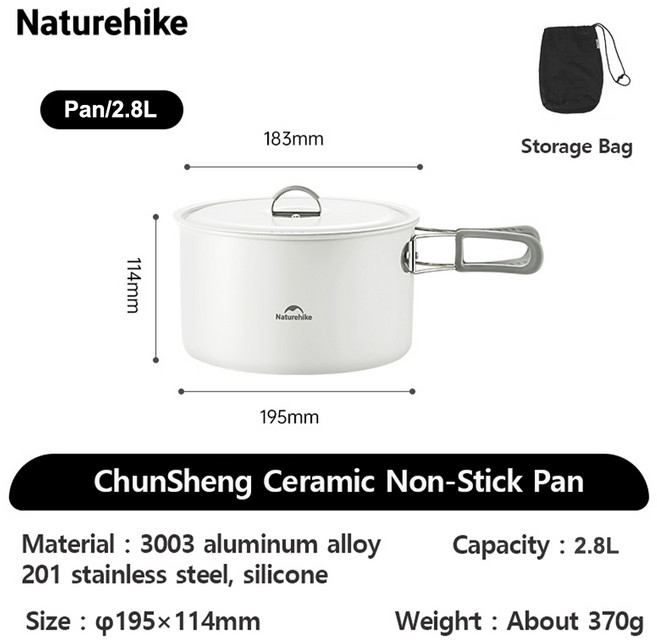 후라이팬네이처하이크 스테인레스 스틸 세라믹 논스틱 조리기구 키트 야외 휴대용 피크닉 식기 프라이팬 냄, 01 빠른, 06 2.8L pan