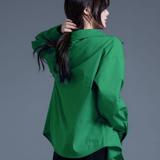 ROYALBELLE 여성 단색 셔츠 심플 카라넥 긴팔 남방 루즈핏 U0030723