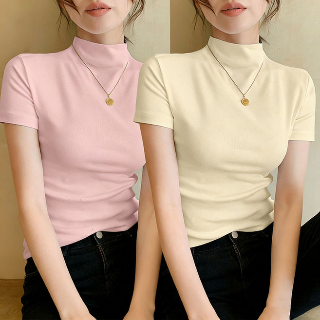 ROYALBELLE 2장묶음 여성 반폴라 순면 반팔 티셔츠 얇은 단색 슬림핏 데일리 티셔츠 V041510
