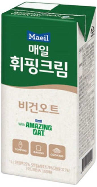 매일 휘핑크림 비건오트 1000ml 10개입 베이커리용/디저트/음료토핑용/요리용, 1개, 1L
