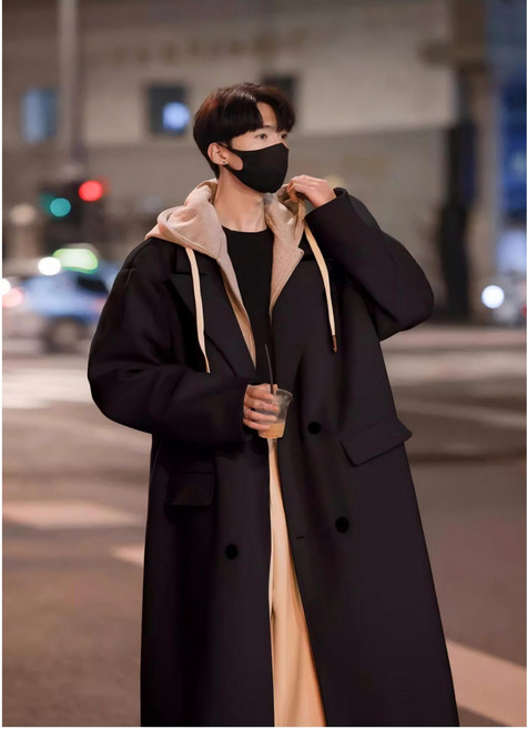 STYLE DR 가을 겨울 블랙 코트 남자 무릎 롱 트렌치 오버핏 코트