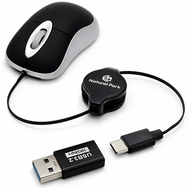 USB-A타입 변환젠더 C타입 겸용 유선 길이조절 초미니 마우스, 블랙, NPMM2026