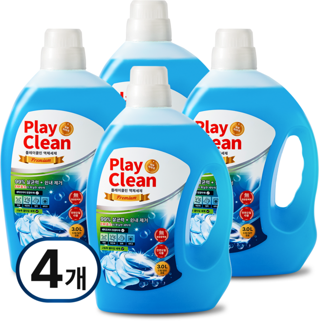 플레이클린 알칼리 액체세제 대용량 고농축 찌든때 쉰냄새 땀냄새 얼룩제거 세탁세제, 4개, 3L