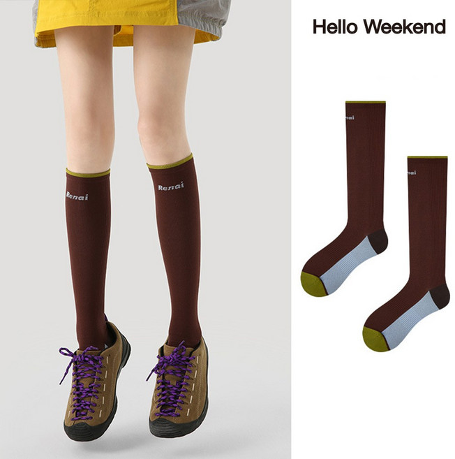 Hello Weekend 여성 배색 스포츠 봄여름 니삭스 슬림핏 롱삭스 압박 중장기장 니삭스 장목 양말 다리 워머 필라테스 1족 세트
