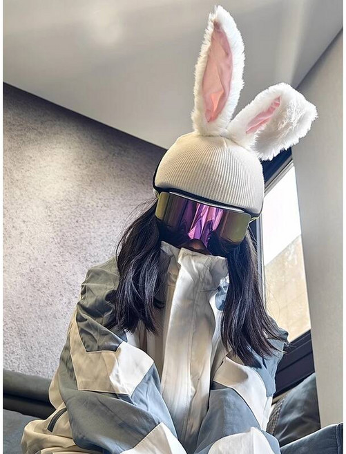 다른 사람들 스노우보드 헬멧 커버 모자 장식용 귀여운 승마 휠링 싱글 및 더블 보드 쉴드, 01. 라지, 02. 업그레이드된 스노우 고글 오픈형, 39. 초장 토끼 귀 - 화이트 [ 프리 사이즈 ] 헬