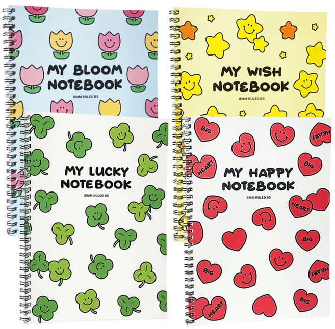 포포샵 8mm 라인 스프링 노트 4종세트, 1세트, 해피 4종