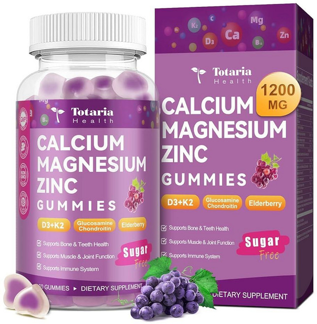 Totaria 무설탕 칼슘 마그네슘 아연 젤리 여성용 남성용 19-in-1 궁극의 흡수 칼슘 1200mg 비타민 D3 K2 함유 붕소 B6 아슈와간다 뼈 치아, 60개 (1팩), 1개