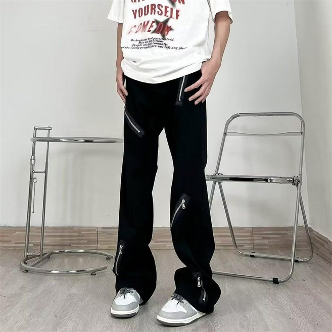 TKX 남성 스트릿 트렌디 와이드핏 지퍼 포인트 데님 팬츠 데일리 캐주얼 청바지 힙합 스타일 패션 바지