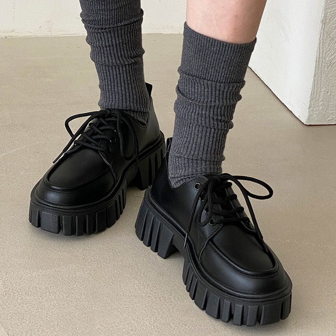 꼼지락 여성 통굽 레이스업 미들 롱 워커 부츠