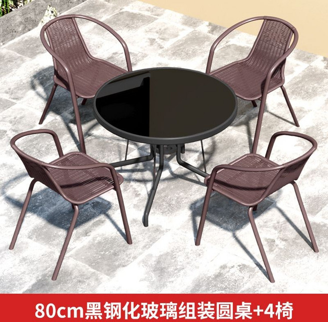 80cm 黑色玻璃圓桌+4椅+香蕉傘, 80黑色組裝圓桌+4椅