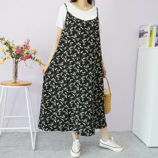 빅걸스토리 여성 빅사이즈 꽃나염 여유핏 뷔스티에 끈 롱원피스 봄/여름/가을용