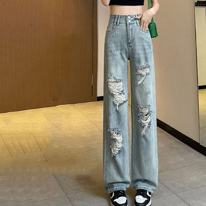페이준 여성 봄 여름 찢어진 청바지 얇은 루즈핏 하이웨스트 와이드 일자 팬츠 HX2739