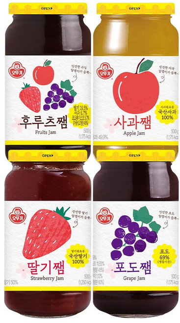 오뚜기 과일쨈 500g 4종 세트(딸기+포도+후루츠+사과), 4개