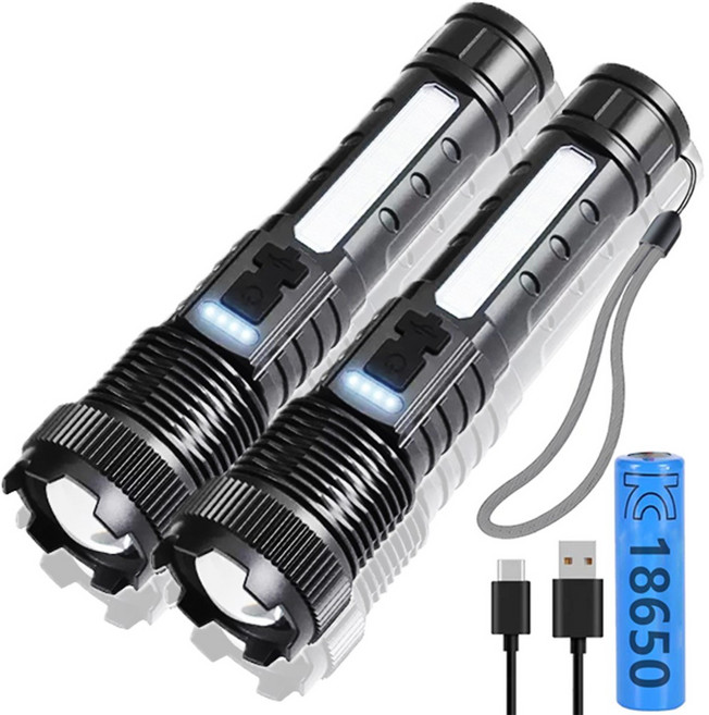 1+1 충전식 후레쉬 c타입 초강력 led 손전등 괴물 랜턴, 2개, 블랙