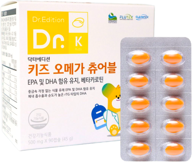[흰여울팜] 닥터 에디션 키즈 오메가츄어블 DHA 90캡슐 어린이 키즈 초등학생 오메가3 루테인, 1박스, 90정