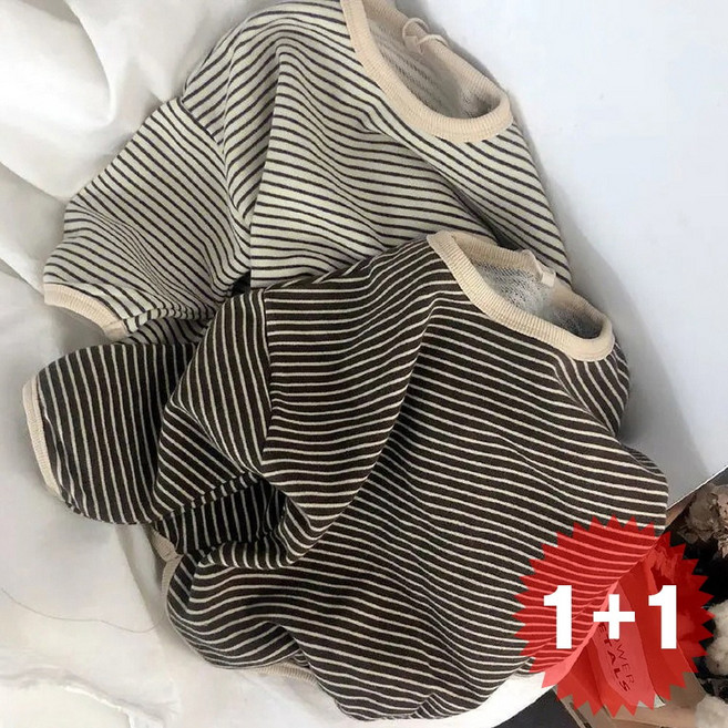 지디오 키즈 공용 스트라이프 단가라 티셔츠 2개 세트 배색 라운드넥 긴팔 맨투맨 봄 가을 간절기 상의