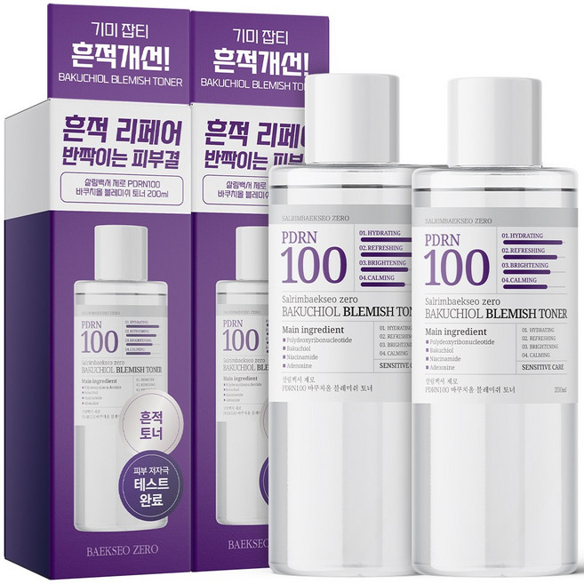 [피부결 8.85% 개선] 1+1 살림백서 제로 PDRN100 바쿠치올 블레미쉬 토너 200ml 기미 잡티 완화 흔적 주름 개선, 2개