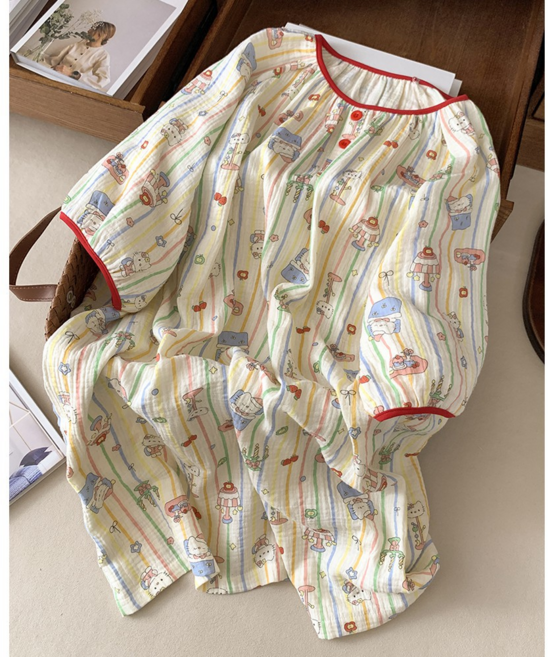 雙層棉紗睡衣女長袖套裝 純棉可愛印花家居服