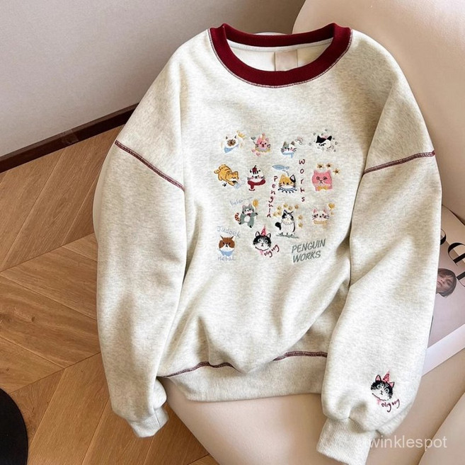 귀여운 고양이 자수 맨투맨 티셔츠 편안한 캐주얼 긴팔 스웨트셔츠lcn