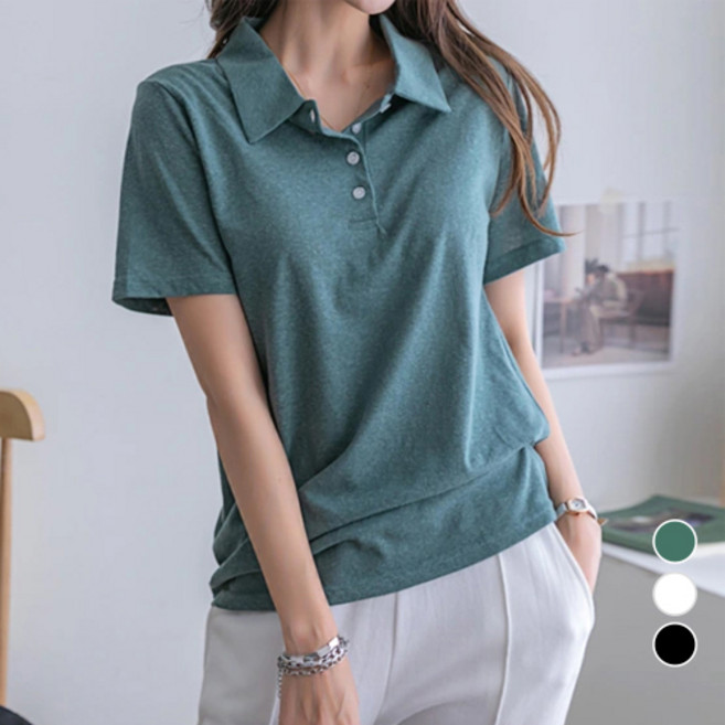 [나크21] (55~120) 카라넥 버튼업 브이넥 반팔티셔츠 여성 빅사이즈 여름 KO12-T-23