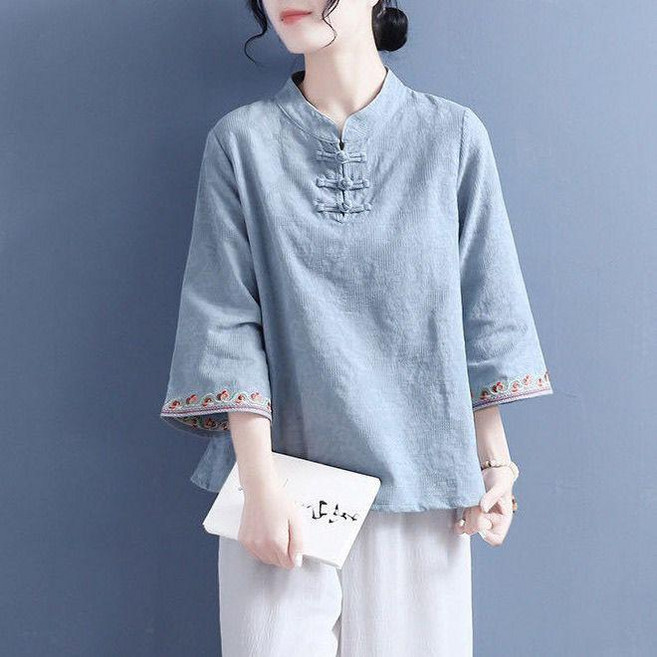 棉麻提花刺繡喇叭袖襯衫女 2023 春夏款中國風復古盤扣立領短上衣