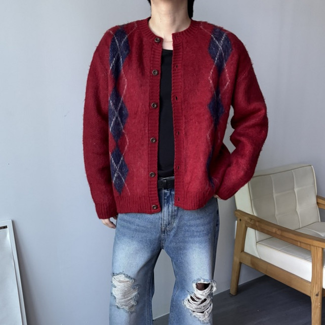 남성 아가일 패턴 라운드넥 앙고라 니트 가디건