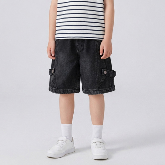 지디오 주니어 남아 데님 반바지 밴딩 버뮤다 팬츠 여름 쇼츠 유니크 절개 라인 흑청 블랙 진