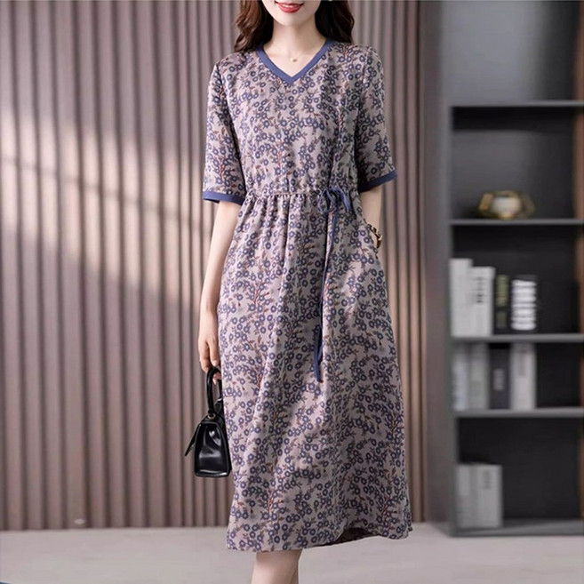 ORZQU 여름 여성 플라워 프린트 얇은 브이넥 반팔 조임 허리 미디 원피스