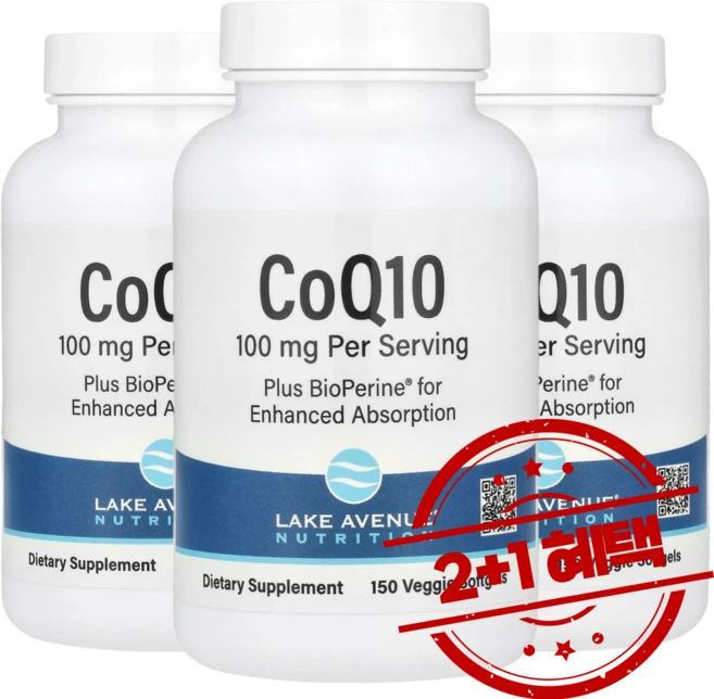 2+1 레이크 에비뉴 뉴트리션 CoQ10 바이오페린 흑후추추출물 함유 100mg 베지 소프트젤 150정 / 해외직구 미국정품, 3개 - 쿠팡