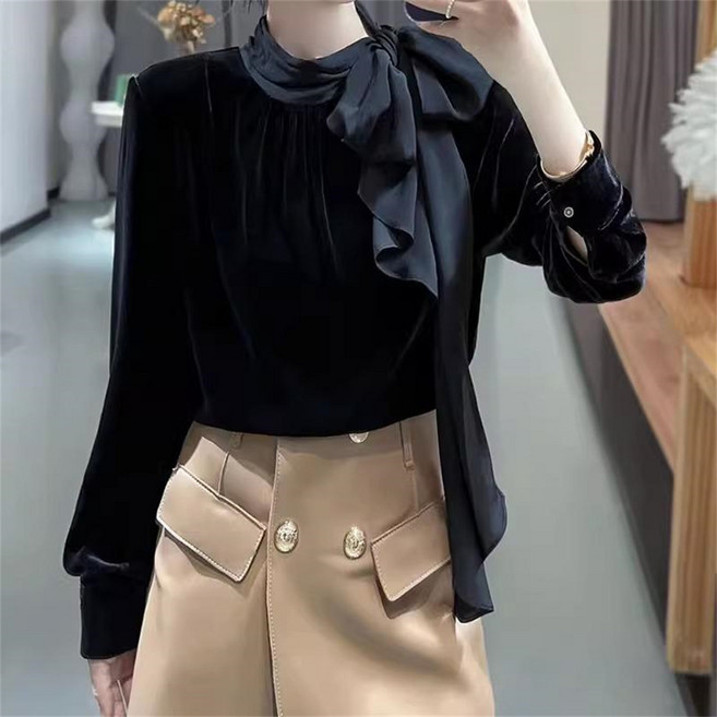 TKX 벨벳 블라우스 여성용 우아한 긴팔 리본타이 가을 겨울 연말룩 빅사이즈 KN89