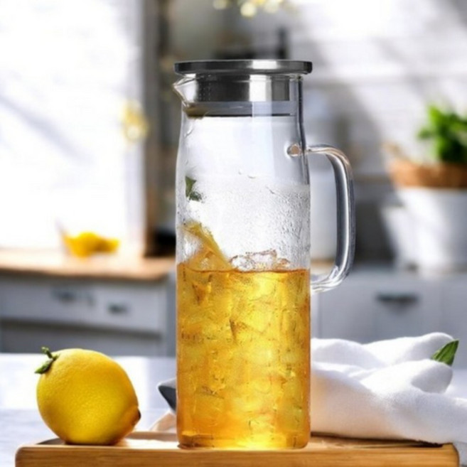 생활톡 내열유리 저그 카페 손잡이 냉장고 보리차 물병, 1개, 스텐뚜껑, 1.5L, 1500ml