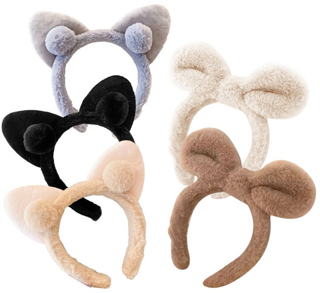 毛絨髮箍 可愛造型髮飾, 貓耳-黑色, 1個