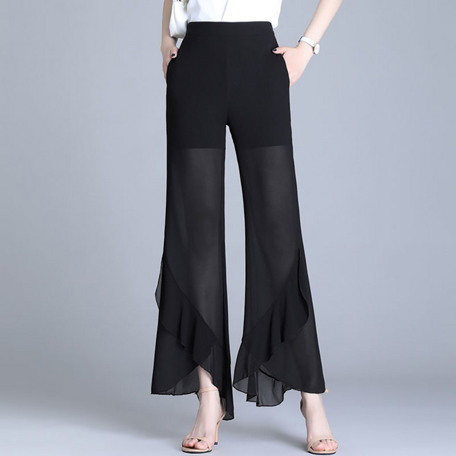 지고다그 여성 여름 쉬폰 팬츠 하이웨스트 루즈핏 7부 얇은 슬림 통바지 플리츠 포켓 포함 댄스복 ZH0295