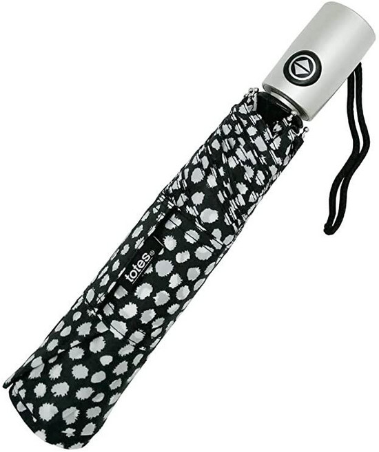 Totes NeverWet 기술 자동 열림 자동 닫힘 우산 블랙 화이트 도트 109.2cm(43인치) 아크 우산 미디엄