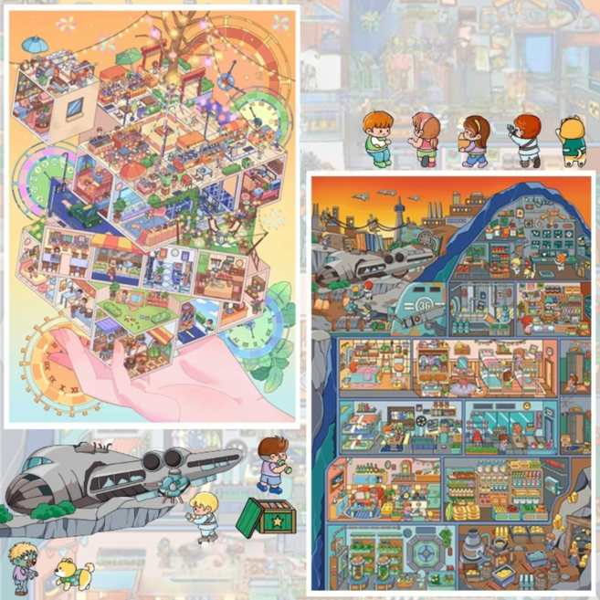 [큐브 속 또 다른 세계] 숏컷 미니월드 13.0 3D 집 꾸미기 스티커 빅사이즈 2종세트(핀셋포함), 혼합, 1세트