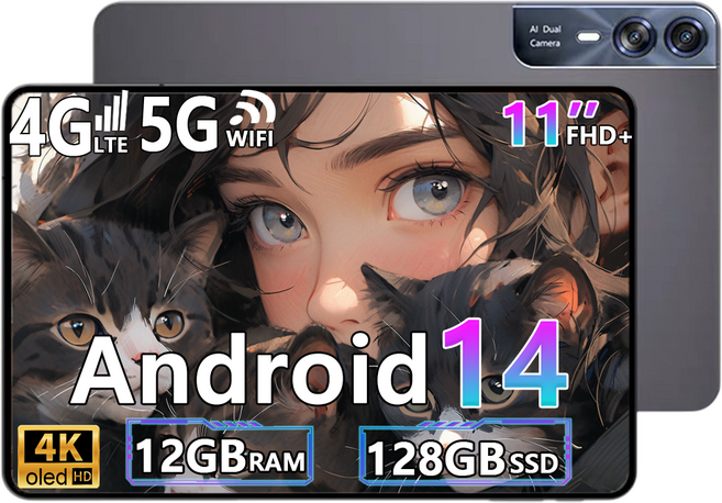 태블릿PC 11인치 안드로이드14 12GB+128GB 확장지원 4K OLED 대화면 12000mAh 배터리 WiFi+셀룰러 인강용 영상용 가성비 태블릿, Wi-Fi + 셀룰러, 128GB, Gray