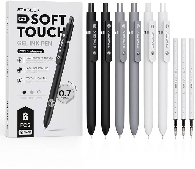 STAGEEK 블랙 젤 펜 15Pcs 파인 포인트 스무스 필기 저널링 사무실 노트 필기 학용품 간호사 에스테틱 3개 추가 리필(블랙)용 퀵 드라이 잉크 펜 포함, 6