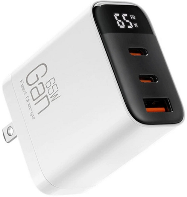 阿瑟3C GaN氮化鎵65W數顯快充頭 高效快充 三孔充電頭 國際電壓 台灣認證, 白色, 1個