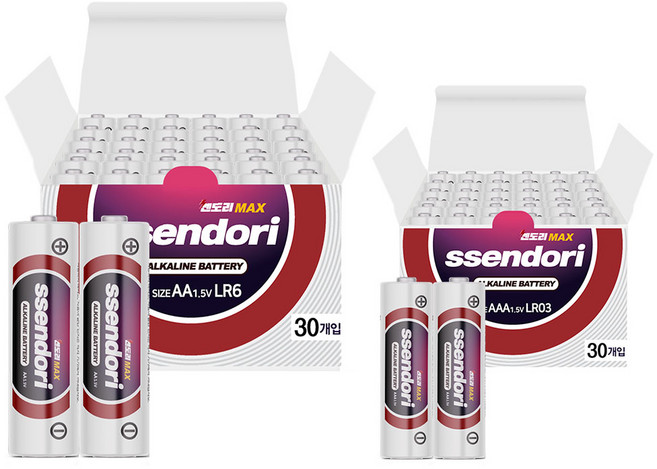 쎈도리 맥스 알카라인 건전지 AA 30개 + AAA 30개, 1세트, 60개입