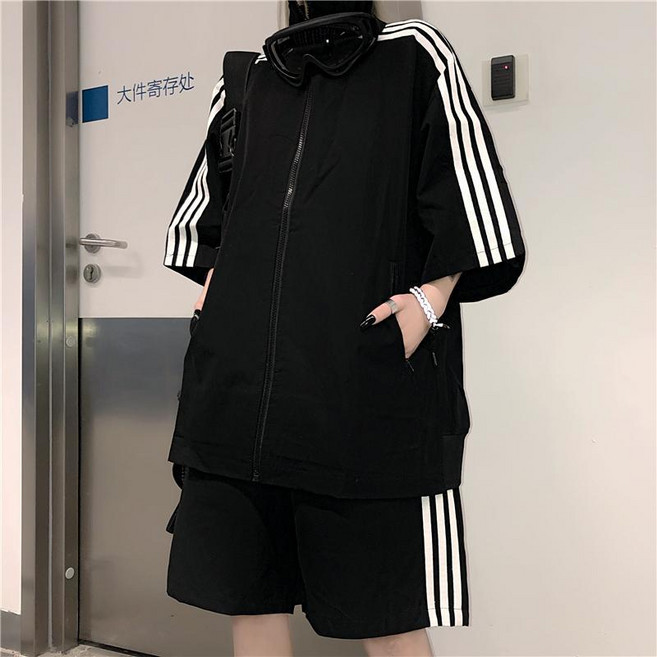 Belseva 여성 오버핏 집업 자켓 아노락 반팔 반바지 세트
