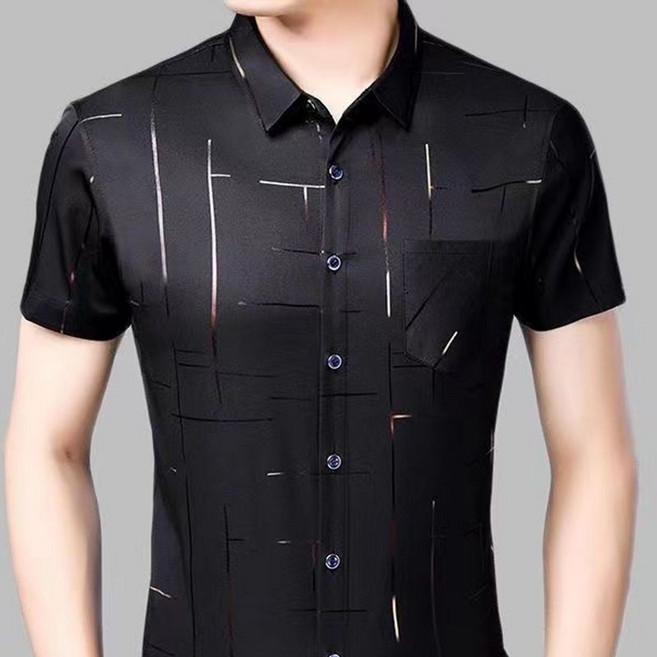 블라벨리 남성 실크 셔츠 반팔셔츠 비즈니스 댄스복 캐주얼 남방 시원한 중년 아빠룩 프린트 냉감티 ZH1006, 블랙2