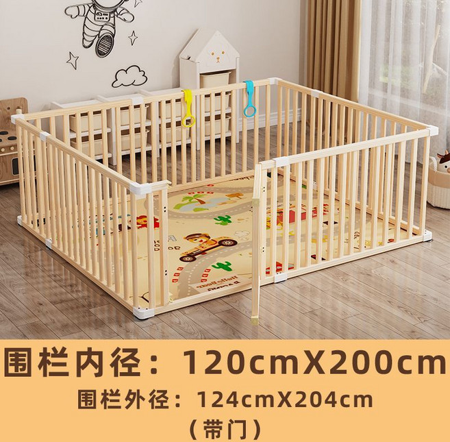 松木兒童安全圍欄 遊戲爬行護欄 附門 多尺寸, 1個, 實木圍欄帶門(200cmx120cm)