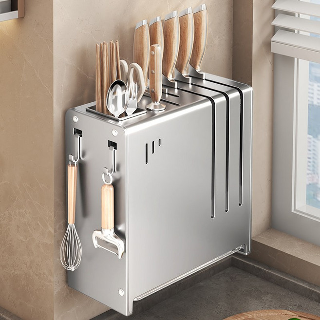 주방 스텐 칼꽂이 + 수저통 일체형 정리대 벽걸이 스탠드형 투웨이형 수납 선반, 1개, 실버