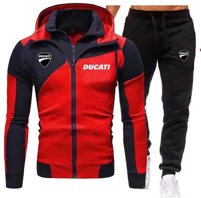 남자 상하의 세트 후드집업가을과 겨울 새로운 남성용 두카티 프린트 후드 재킷 캐주얼 야외 남성용 오토바이 승마 방풍 재킷 바지 정장
