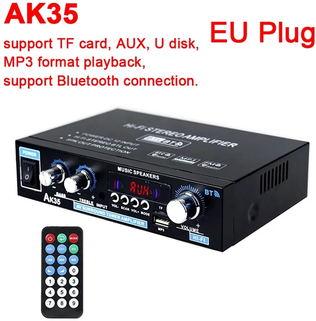 800W 가정용 자동차 앰프 2 채널 블루투스 5.0 스테레오 사운드 HIFI 서브우퍼 베이스 FM USB 원격 제어, 01 AK35 EU plug