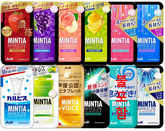 민티아 목캔디 일본 아사히 민트 사탕 브리즈 슈가리스 11종류 각1개, 11개, 22g