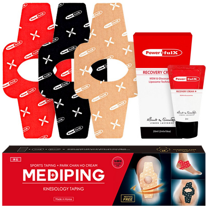 파워풀엑스 메디핑 다이아몬드타입 16개입(베이지)+리커버리 크림 플러스 20ml(2mlx10ea) / 스포츠테이핑 / 파워풀크림, 다이아몬드타입(베이지)+리커버리크림(2mlx10ea), 1개