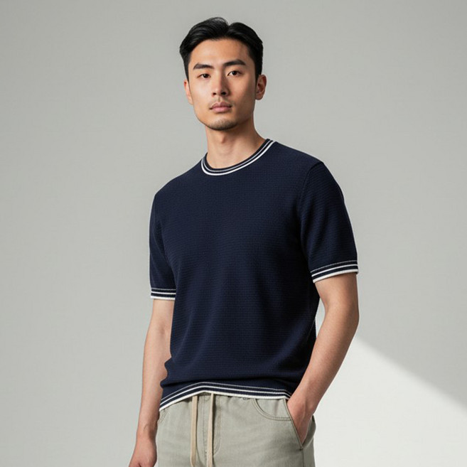 [펜타온] 스트라이프 골지 반팔 니트 티셔츠