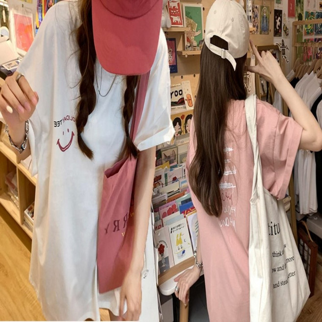 스마일 라운드넥 오버핏 반팔 티셔츠 박스티 여자